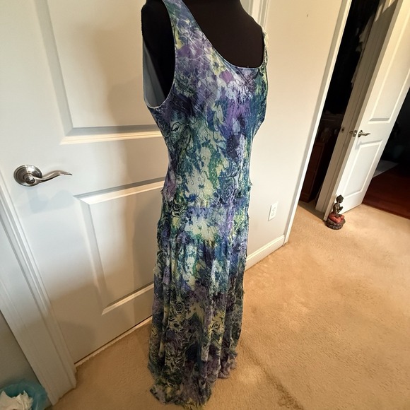 Midi Dress Sz 10 Watercolor Florals Chiffon Sheer Sleeveless Fairy Wedding Guest - Picture 5 of 7